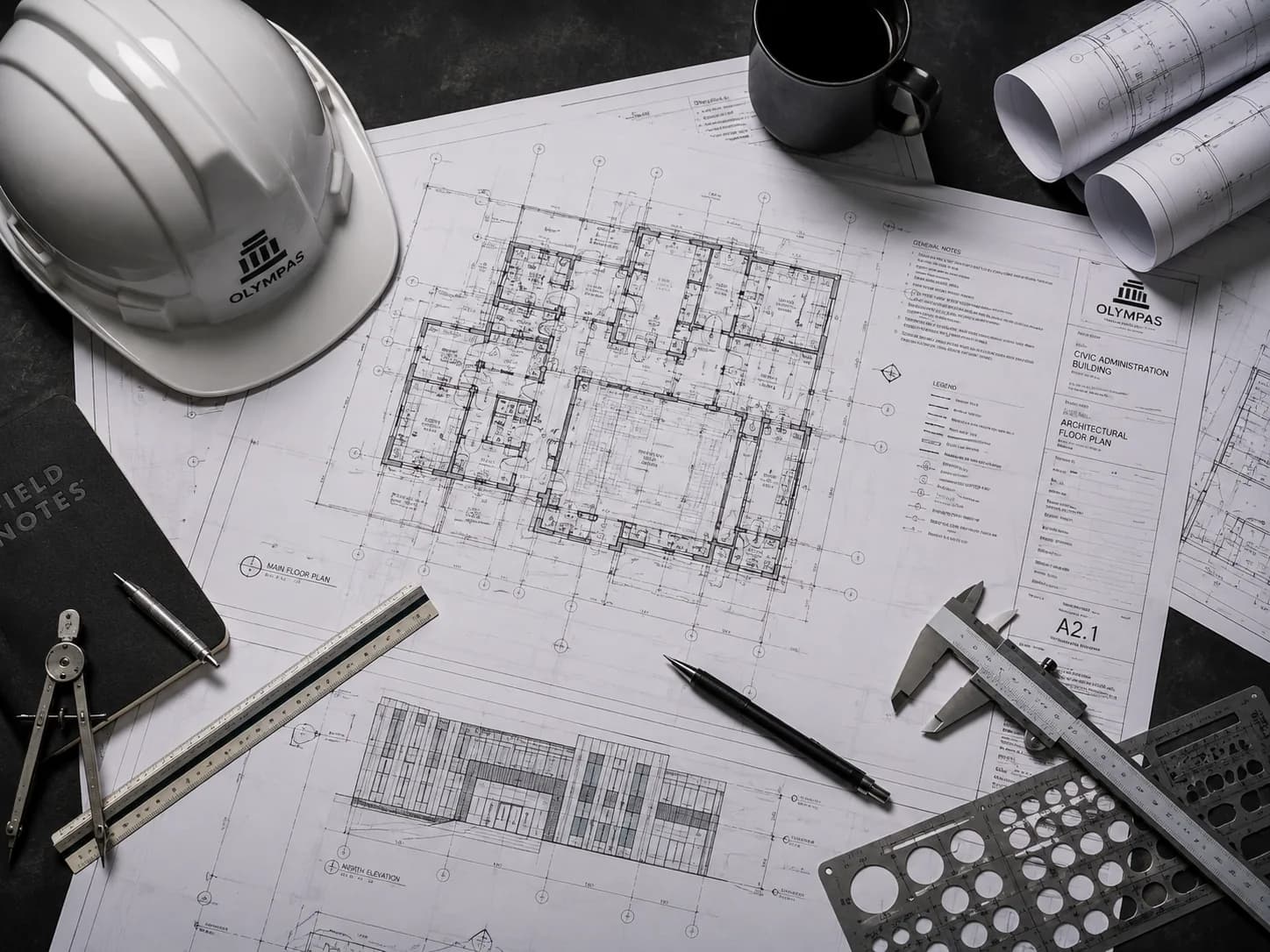 Planos arquitectónicos y herramientas de precisión.