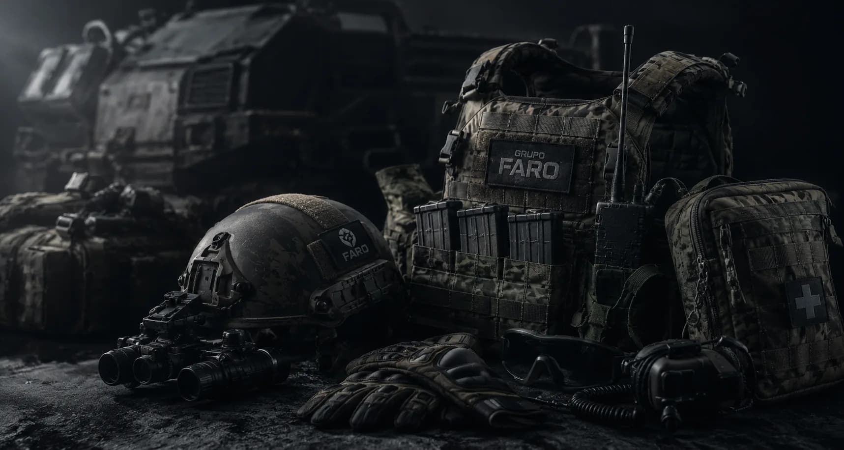 Chaleco, casco y equipo táctico con la insignia de Grupo Faro.