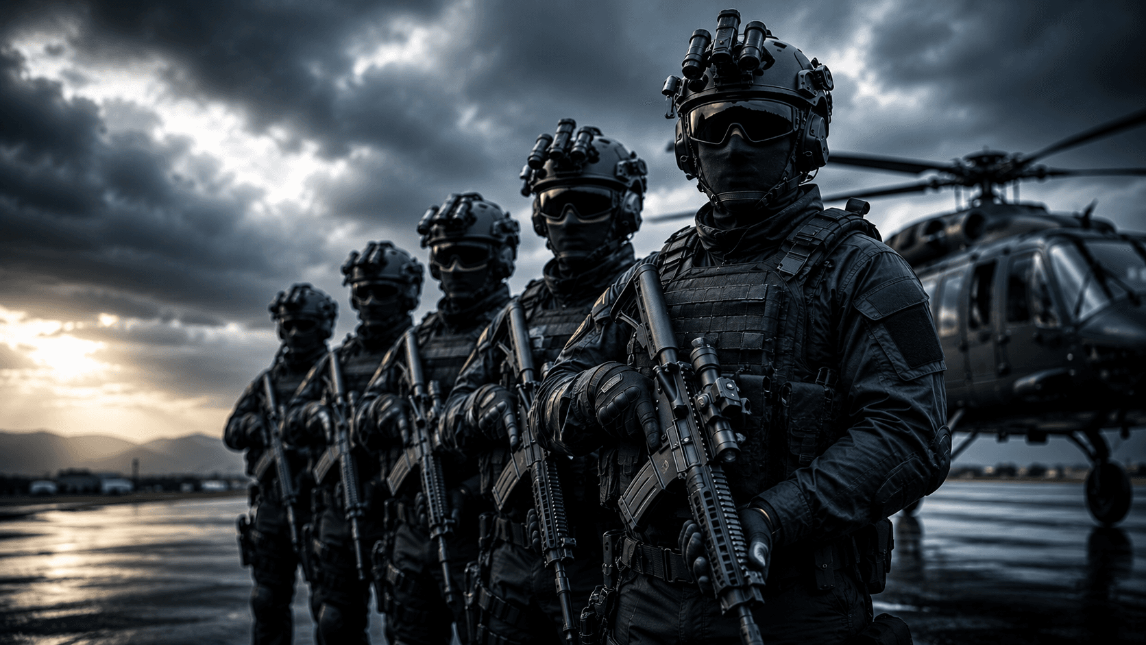Oficiales dominicanos con equipo táctico junto a un helicóptero al atardecer.