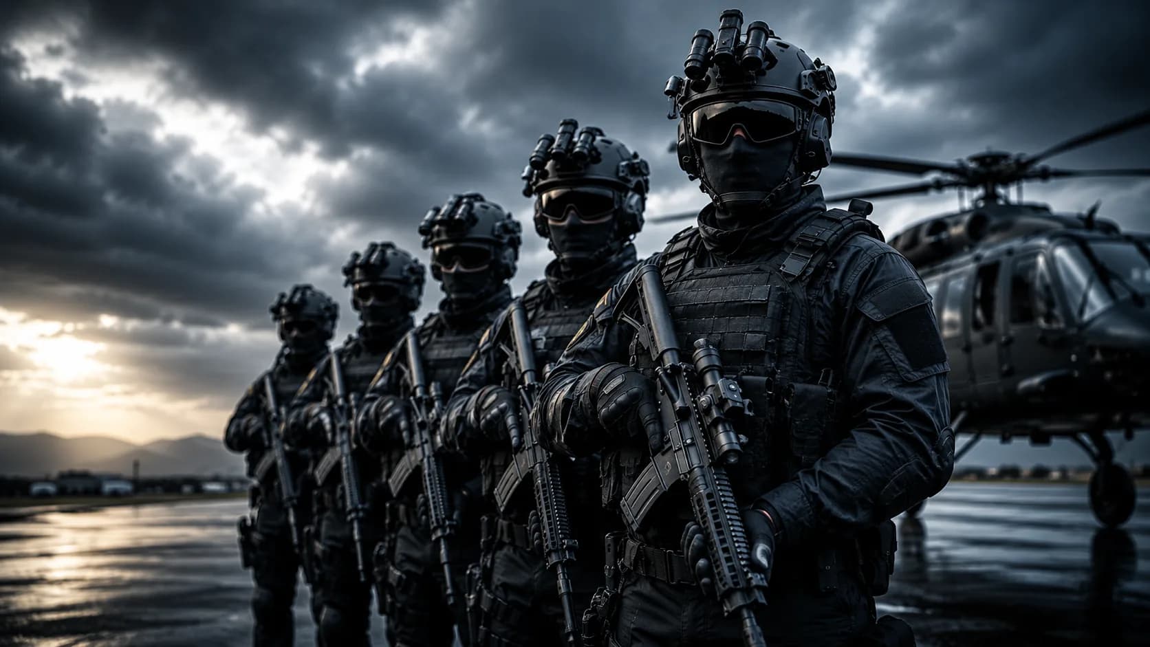 Oficiales dominicanos con equipo táctico junto a un helicóptero al atardecer.