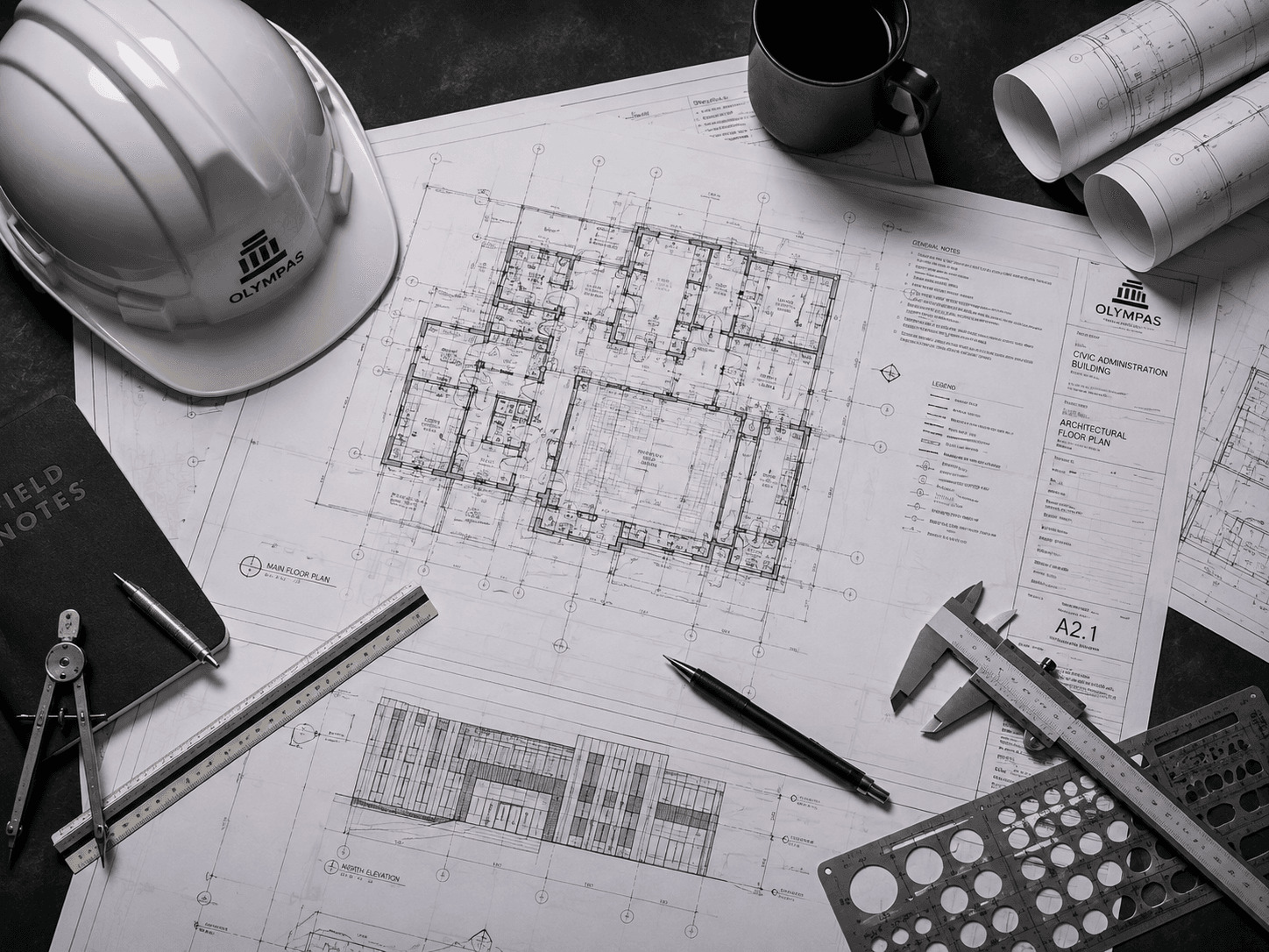 Planos arquitectónicos y herramientas de precisión.