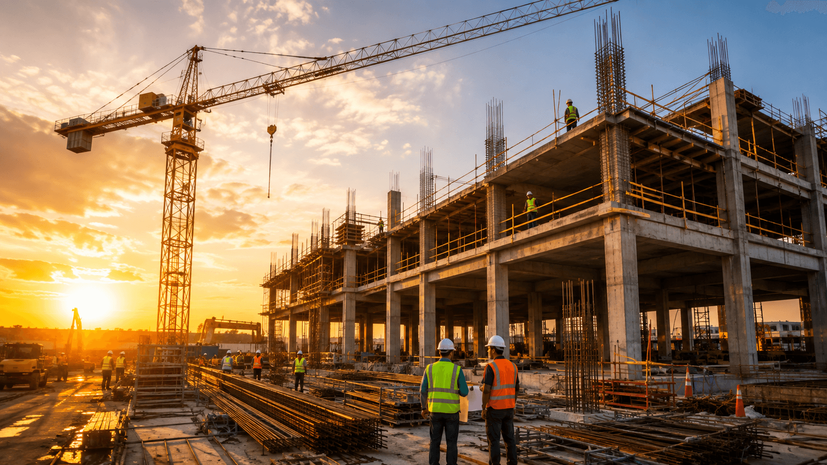 Obra en ejecución con grúa torre y estructura de concreto.