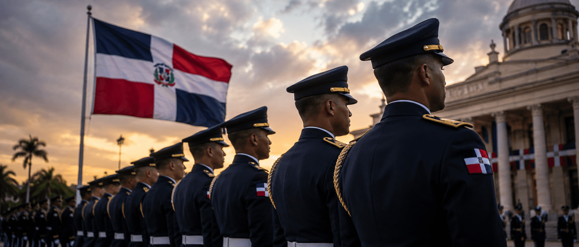Formación de oficiales dominicanos en uniforme de gala durante una ceremonia de Estado.