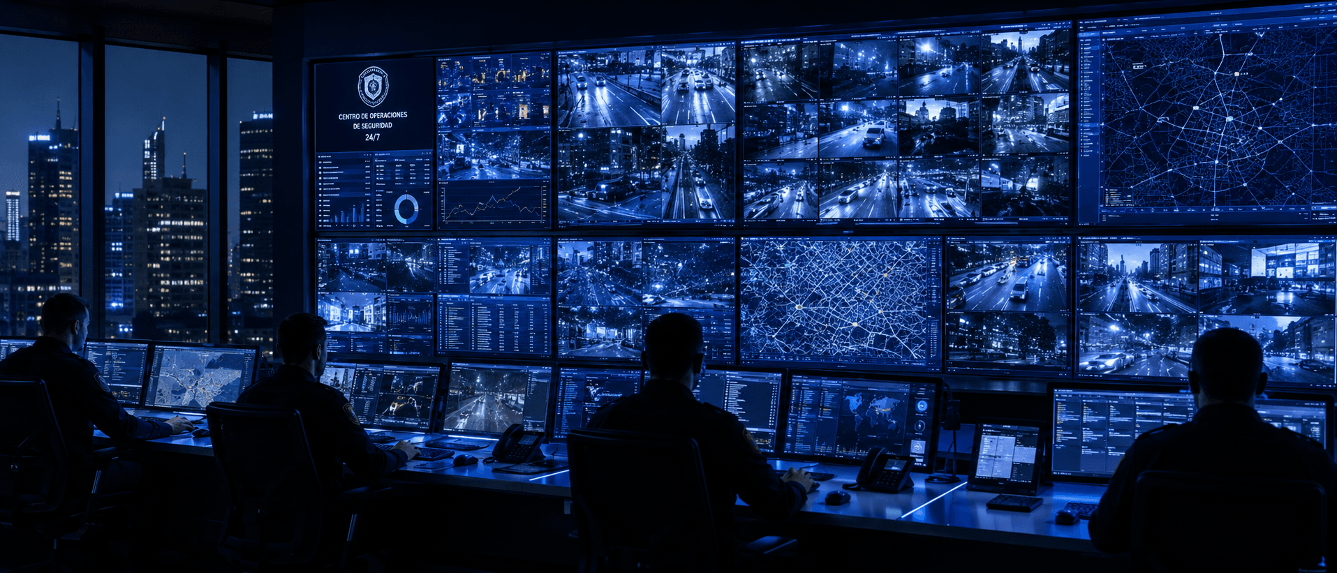 Centro de operaciones de seguridad con muro de monitores.
