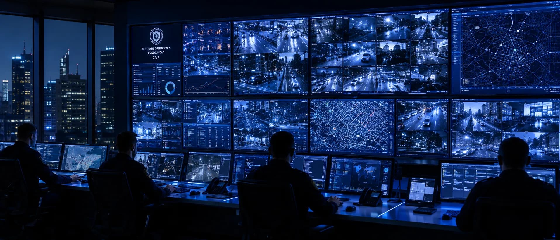 Centro de operaciones de seguridad con muro de monitores.